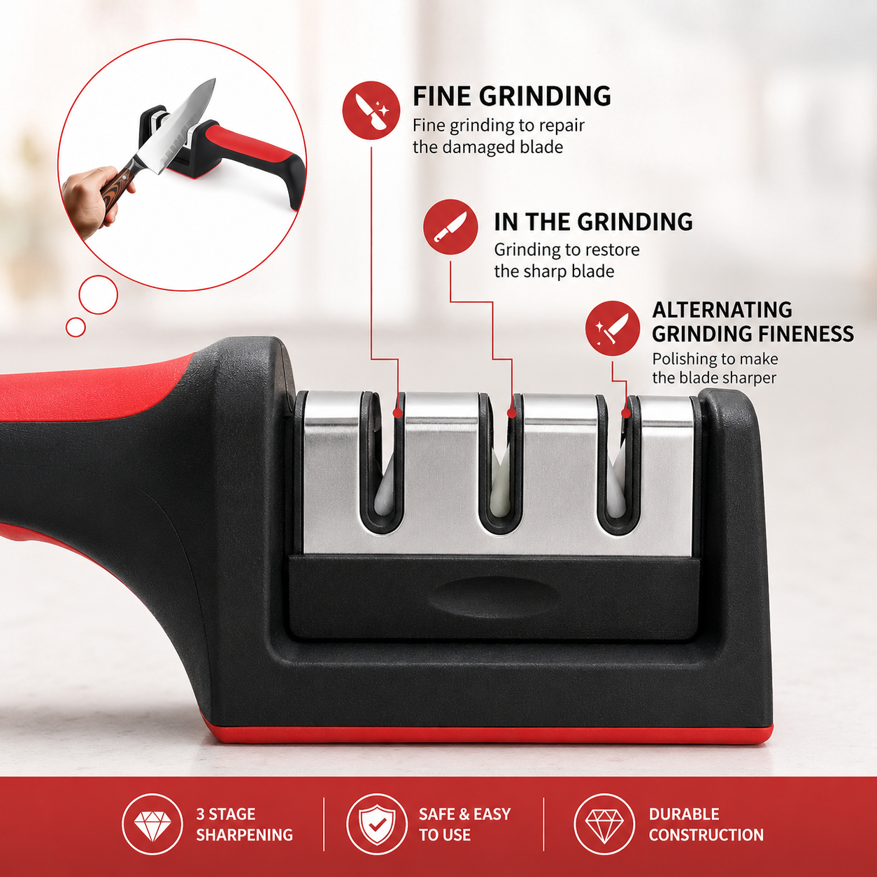 3 Stage Kitchen Knife Sharpener | Professional Knife Sharpening & Honing Tool