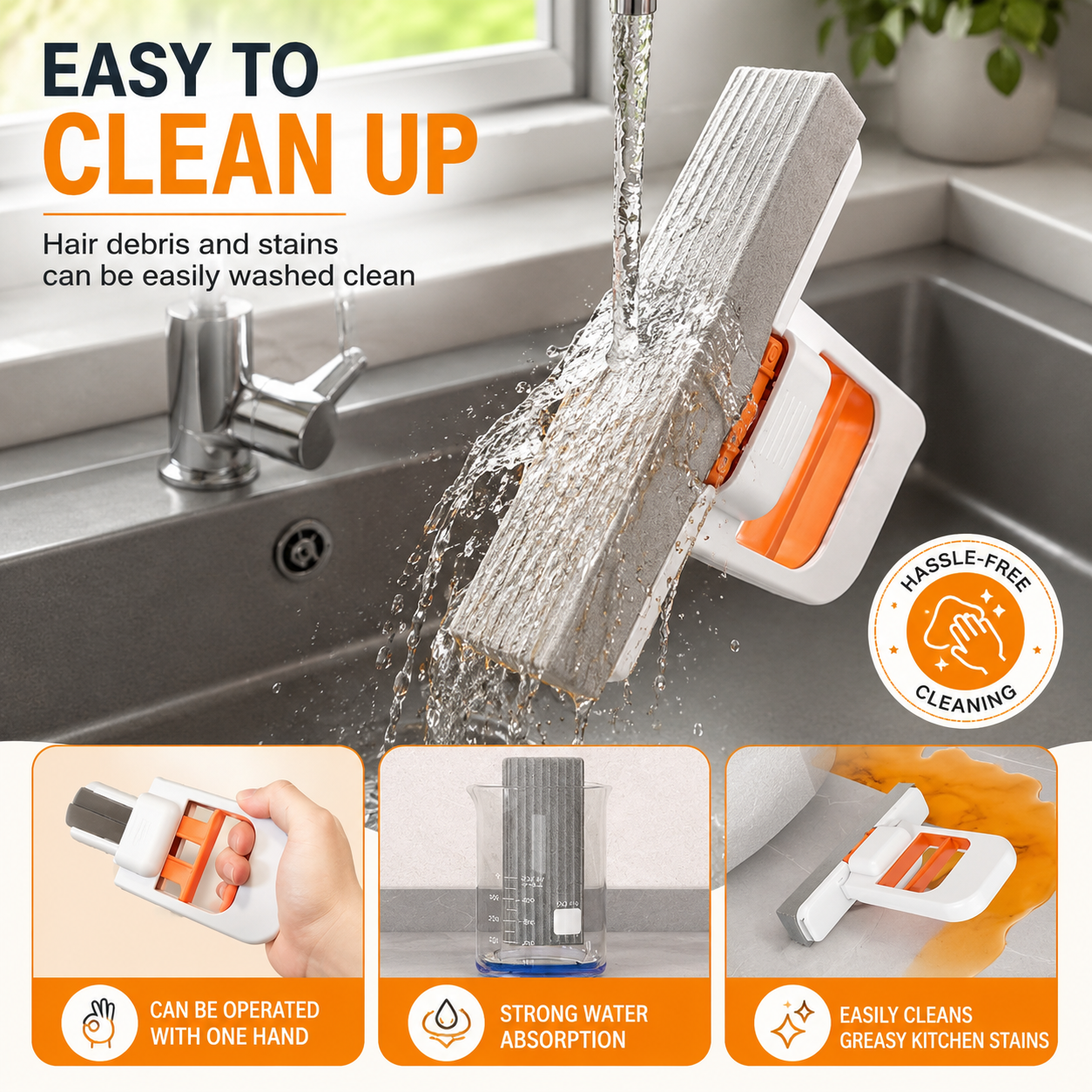 Mini Foldable Desktop Mop with Self-Squeeze Sponge | Wet & Dry Multi-Surface Cleaning Tool for Kitchen, Bathroom & Glass